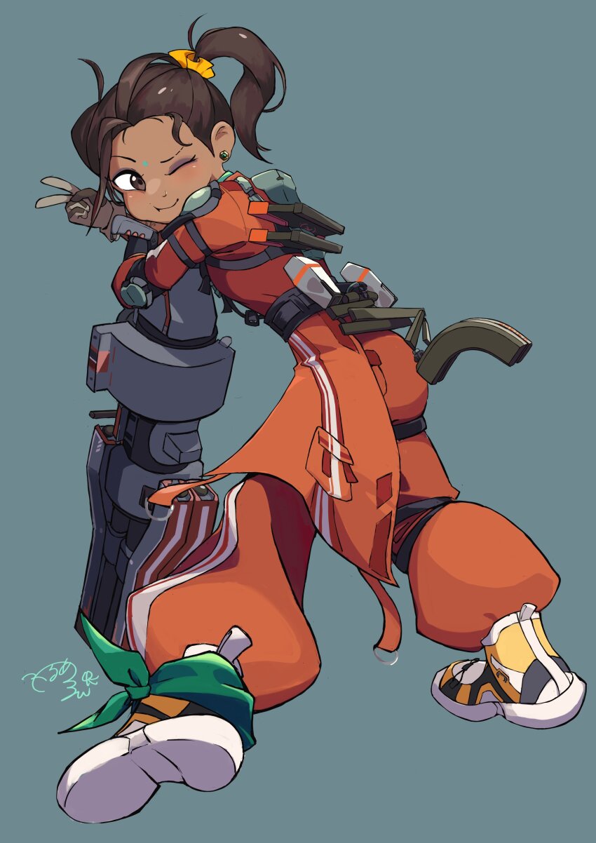 1girl, absurdres, animification, apex_legends, black_eyeshadow, blue_background, blush, brown_eyes