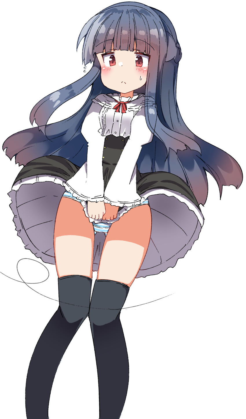 1girl, absurdres, black_hair, black_skirt, black_thighhighs, blush, braid, closed_mouth