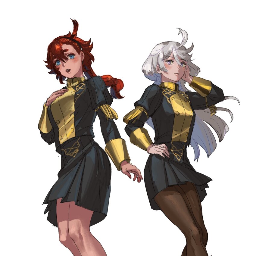 2girls, ahoge, black_hairband, blue_eyes, blush, chestnut_ann, cosplay, fire_emblem, fire_emblem:_three_houses, garreg_mach_monastery_uniform, grey_eyes, grey_hair, gundam, gundam_suisei_no_majo, hair_between_eyes, hairband, highres, long_hair, long_sleeves, looking_at_viewer, low_ponytail, miorine_rembran, multiple_girls, nintendo, open_mouth, ponytail, red_hair, school_uniform, simple_background, smile, suletta_mercury, swept_bangs, thick_eyebrows, white_hair