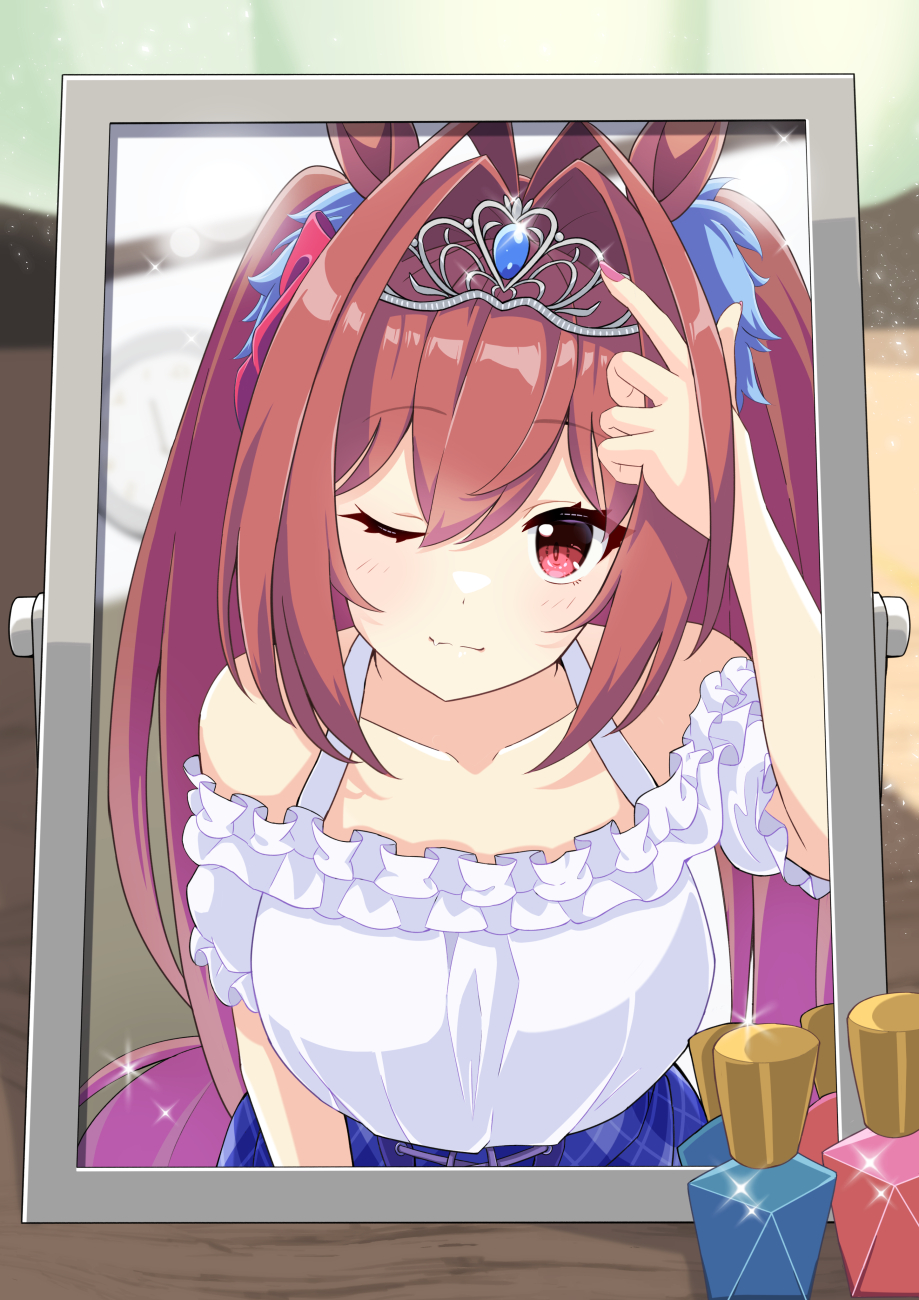 1girl, animal_ears, bare_shoulders, blue_skirt, blush, bottle, breasts, brown_hair