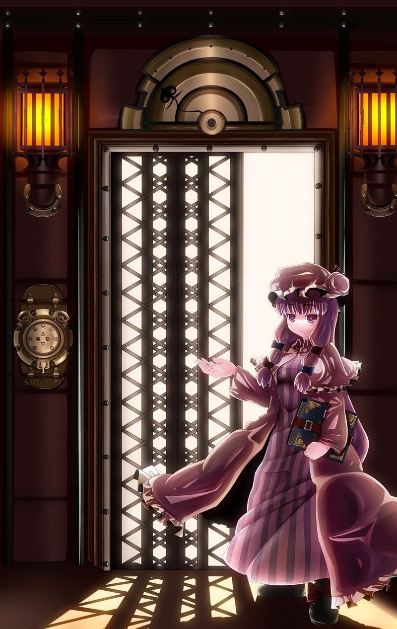 1girl, book, elevator, female_focus, grimoire, hat, highres, patchouli_knowledge