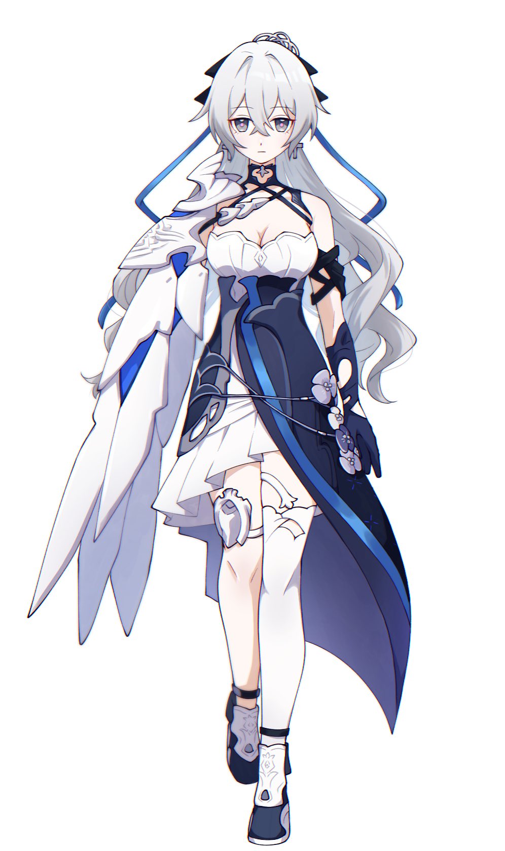 1girl, bare_shoulders, black_gloves, black_shoes, breasts, bright_pupils, bronya_zaychik, bronya_zaychik_(silverwing:_n-ex), cleavage, closed_mouth, commentary_request, dress, eipenor, elbow_gloves, full_body, gloves, grey_eyes, grey_hair, hair_between_eyes, high_heels, highres, honkai_(series), honkai_impact_3rd, long_hair, looking_at_viewer, medium_breasts, shoes, simple_background, solo, very_long_hair, walking, white_background, white_dress
