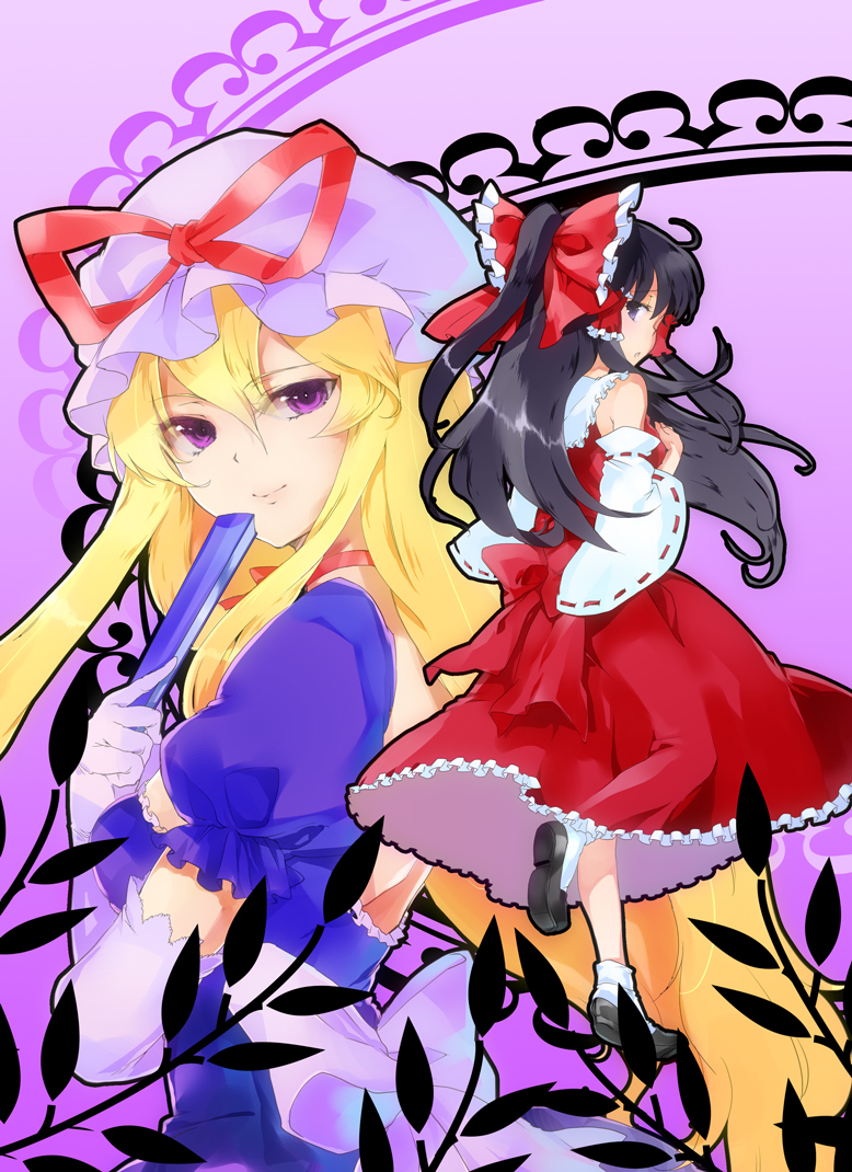 2girls, blonde_hair, female_focus, gloves, hakurei_reimu, hat, multiple_girls, narumi