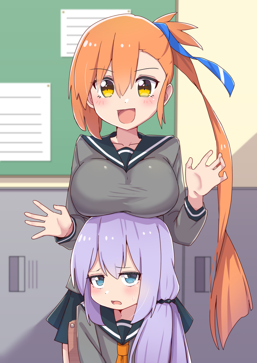 2girls, :d, absurdres, ao_(flowerclasse), black_sailor_collar, black_skirt, blue_eyes, blue_ribbon