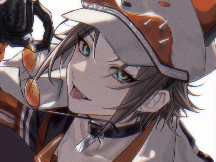 1boy, 555goo1, animal_hat, bad_id, bad_twitter_id, black_collar, black_gloves, brown_hair, collar, collarbone, commentary, eyelashes, fox_hat, glasses, gloves, green_eyes, hand_up, hat, holding, holding_removed_eyewear, jacket, jacket_on_shoulders, long_sleeves, looking_at_viewer, male_focus, multicolored_eyes, multicolored_shirt, mysta_rias, mysta_rias_(1st_costume), nijisanji, nijisanji_en, open_collar, open_mouth, orange-tinted_eyewear, orange_shirt, parted_bangs, shirt, short_hair, sidelocks, simple_background, smile, solo, striped_clothes, striped_shirt, tinted_eyewear, tongue, tongue_out, unworn_eyewear, upper_body, vertical-striped_clothes, vertical-striped_shirt, virtual_youtuber, white_background, white_hat, white_jacket