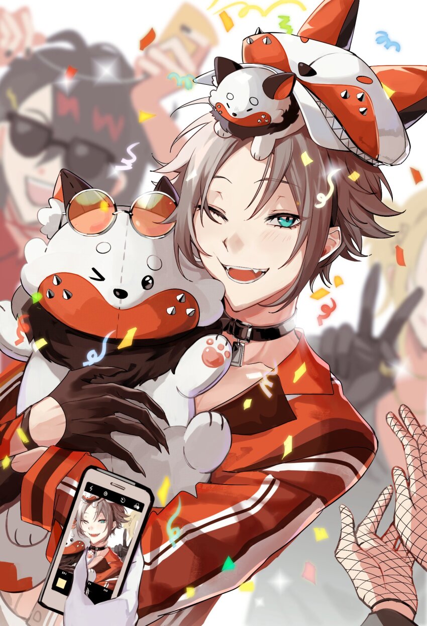 5boys, animal, animal_hat, animal_on_head, black_collar, black_gloves, black_hair, blonde_hair