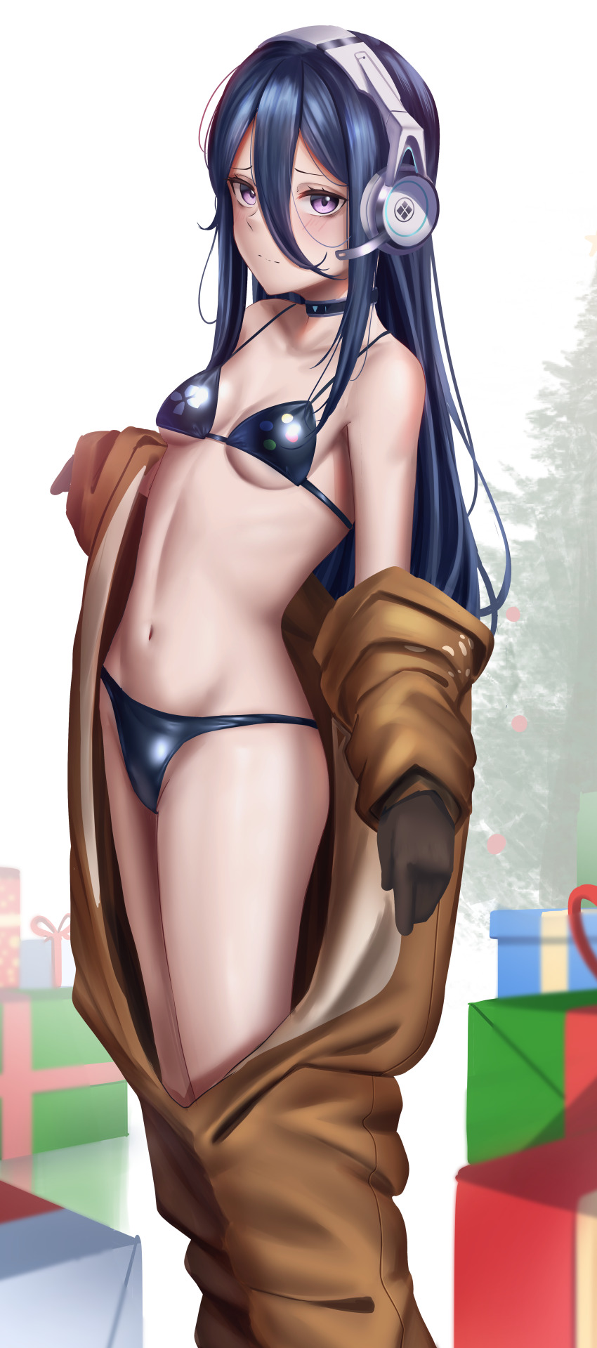 1girl, absurdres, animal_costume, bags_under_eyes, bare_shoulders, bikini, black_bikini, blurry, blurry_background, box, breasts, brown_gloves, choker, christmas_tree, closed_mouth, collarbone, commentary, exia_(joy_to_the_nerds)_(nikke), exia_(nikke), from_side, game_controller_print, gift, gift_box, gloves, goddess_of_victory:_nikke, groin, hair_between_eyes, headphones, highres, linea_alba, long_hair, looking_at_viewer, manjo_(warito), navel, official_alternate_costume, open_clothes, pink_eyes, reindeer_costume, small_breasts, solo, swimsuit, thighs, underboob, very_long_hair, white_background