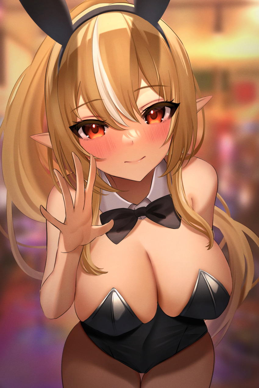 1girl, animal_ears, bare_shoulders, black_bow, black_bowtie, black_leotard, blonde_hair, blurry