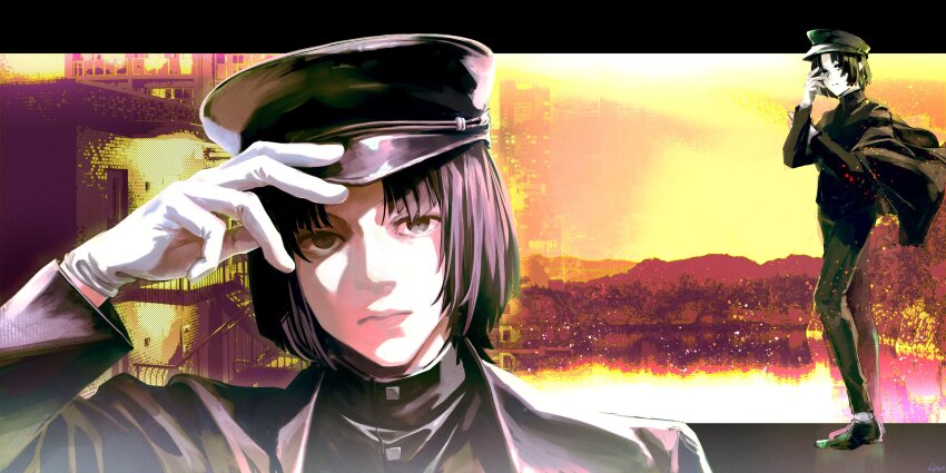 1boy, absurdres, ammenite, black_hair, black_pants, capelet, choujin_x, gakuran