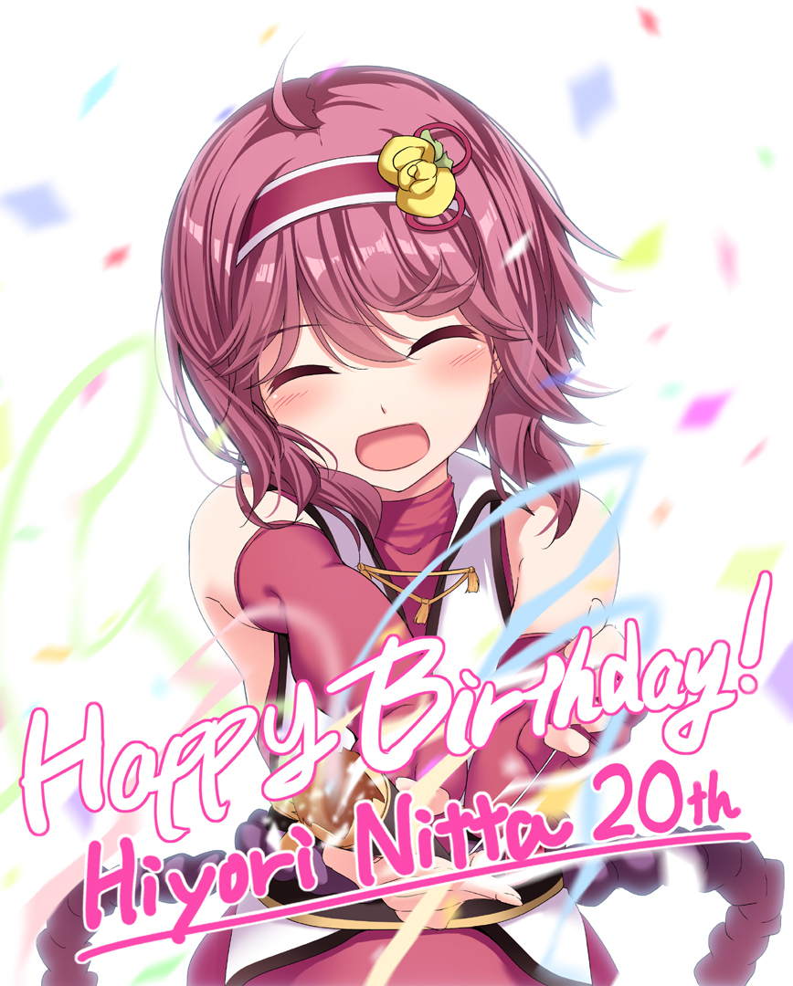 1girl, azuki_nagamitsu_(tenka_hyakken), bare_shoulders, blush, chobipero, closed_eyes, collar, confetti