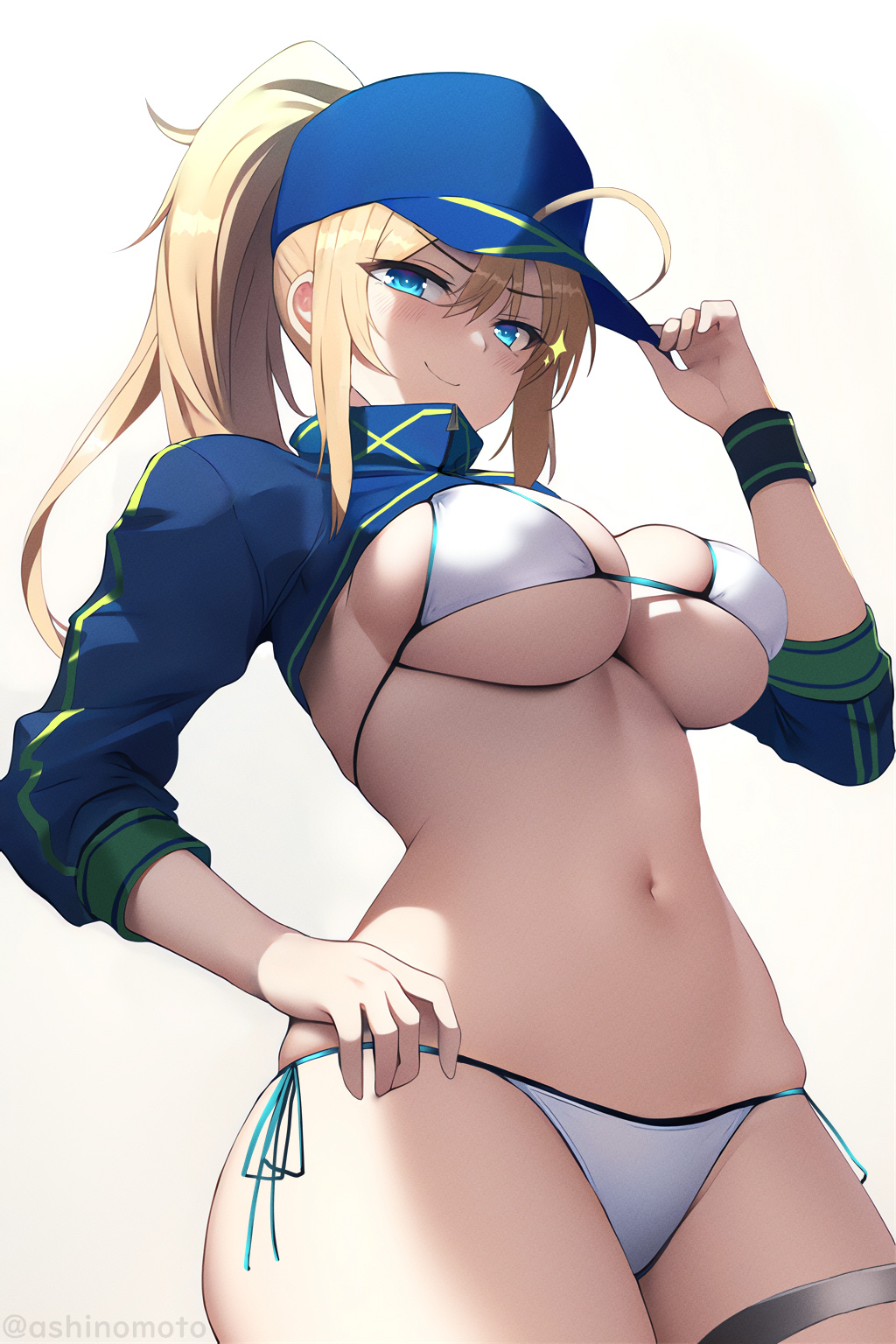 1girl, ahoge, artoria_pendragon_(fate), ashino_moto, baseball_cap, bikini, blonde_hair, blue_eyes
