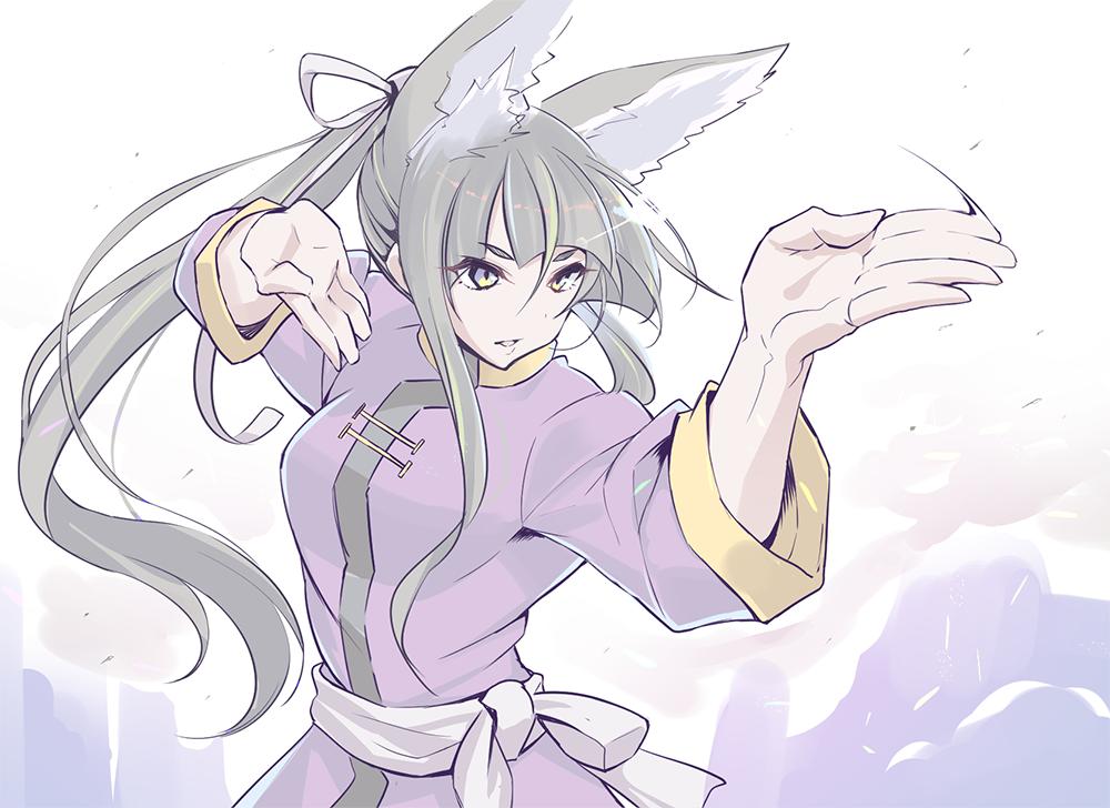1girl, animal_ears, black_hair, chinese_clothes, chop, dress, fighting_stance, fox_ears, fox_girl, kitsunegasaki_tametsugu_(tenka_hyakken), kurukuru_(p!), long_hair, looking_away, parted_lips, ponytail, purple_dress, sash, serious, sidelocks, standing, tenka_hyakken, white_sash, yellow_eyes