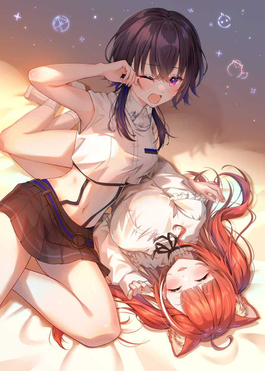 2girls, arm_up, armpits, bare_arms, bare_legs, bare_shoulders, black_hair, black_skirt
