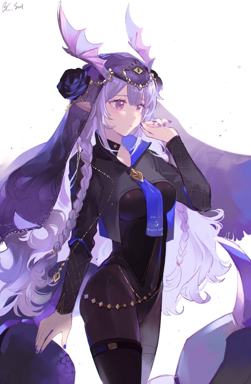 1girl, arknights, arm_at_side, black_boots, black_flower, black_leotard, black_pantyhose, black_rose