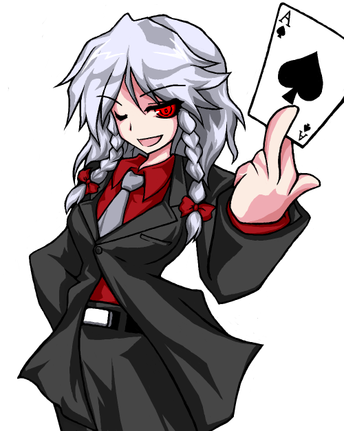 1girl, ace_(playing_card), ace_of_spades, alphes_(style), arm_behind_back, belt, black_jacket, black_pants