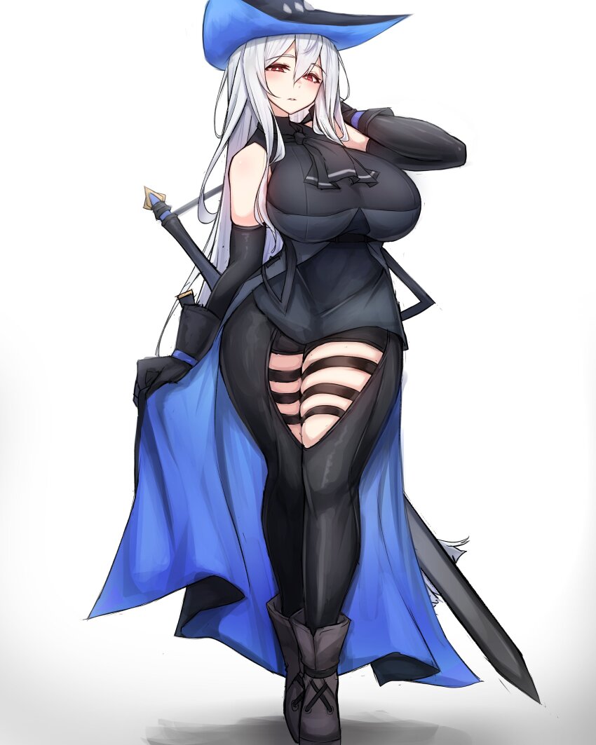 1girl, absurdres, ankle_boots, arknights, ascot, bare_shoulders, black_ascot, black_boots, black_gloves, black_pants, black_shirt, blue_hat, boots, breasts, clothing_cutout, curvy, elbow_gloves, full_body, gloves, grey_hair, hat, highres, huge_breasts, impossible_clothes, impossible_shirt, long_hair, looking_at_viewer, pants, parted_lips, red_eyes, rikuguma, shirt, simple_background, skadi_(arknights), skadi_(elite_ii)_(arknights), solo, standing, sword, thick_thighs, thigh_cutout, thighs, very_long_hair, waist_cape, weapon, weapon_on_back, white_background, wide_hips