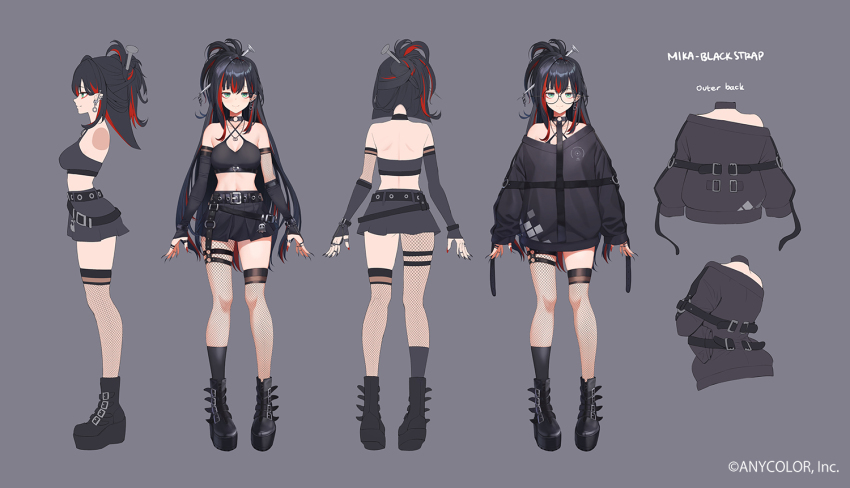 1girl, asymmetrical_legwear, bare_shoulders, black_choker, black_footwear, black_hair, black_nails, boots