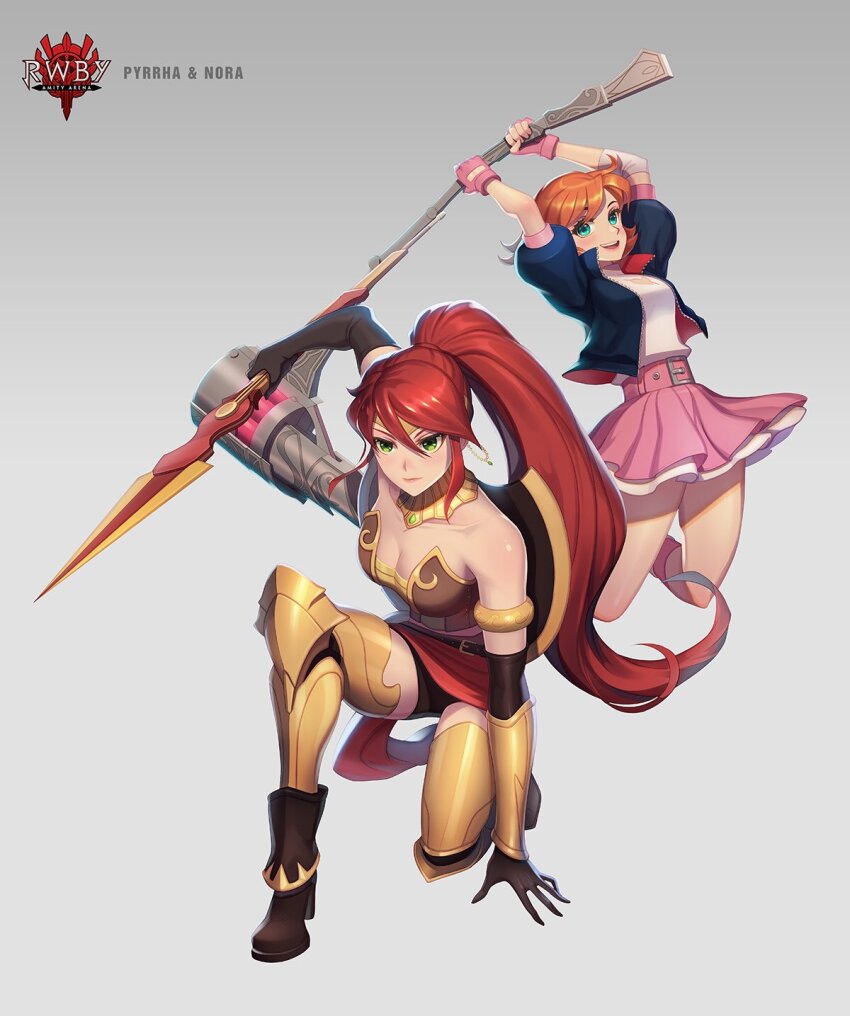 2girls, aqua_eyes, arm_behind_head, arm_support, arm_up, armored_boots, arms_up, black_gloves, black_skirt, boots, breasts, character_name, circlet, cleavage, copyright_name, determined, diadem, elbow_gloves, fingerless_gloves, full_body, furrowed_brow, gloves, gradient_background, green_eyes, grey_background, hammer, high-waist_skirt, high_ponytail, highres, holding, holding_hammer, holding_polearm, holding_sword, holding_weapon, jumping, knee_boots, kneehighs, kneeling, layered_skirt, leaning_forward, leg_up, long_hair, looking_at_viewer, looking_away, looking_to_the_side, magnhild, medium_breasts, milo_and_akouo, miniskirt, multiple_girls, nora_valkyrie, on_one_knee, open_mouth, orange_hair, outstretched_arm, pencil_skirt, pink_gloves, pink_skirt, pink_socks, pleated_skirt, polearm, ponytail, pyrrha_nikos, red_hair, rwby, short_hair, short_sleeves, sideways_glance, simple_background, skirt, smile, socks, strapless, superhero_landing, sword, thigh_boots, thighhighs, uyalago, v-shaped_eyebrows, very_long_hair, war_hammer, weapon, white_background, yellow_thighhighs