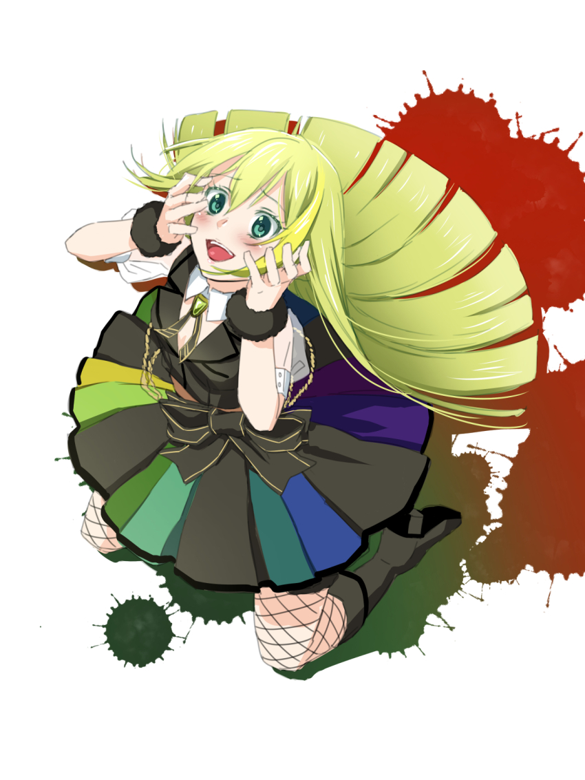 1girl, alina_gray, aqua_eyes, black_boots, black_bow, black_vest, blonde_hair, blunt_ends, blush, boots, bow, chain, collar, detached_collar, fishnet_thighhighs, fishnets, from_above, full_body, fur-trimmed_thighhighs, fur_cuffs, fur_trim, gem, green_gem, green_hair, hair_between_eyes, hands_on_own_face, highres, levant., long_hair, magia_record:_mahou_shoujo_madoka_magica_gaiden, magical_girl, mahou_shoujo_madoka_magica, multicolored_hair, multicolored_skirt, open_mouth, pleated_skirt, puffy_short_sleeves, puffy_sleeves, see-through_clothes, see-through_sleeves, short_sleeves, sidelocks, sitting, skirt, smile, solo, straight_hair, streaked_hair, striped_clothes, striped_skirt, thighhighs, v-neck, vertical-striped_clothes, vertical-striped_skirt, very_long_hair, vest, waist_bow, white_collar, white_sleeves