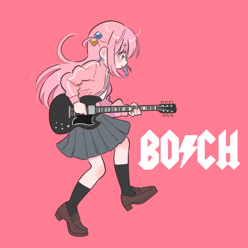 1girl, ac/dc, black_socks, blue_eyes, bocchi_the_rock!, brown_shoes, commentary_request, cube_hair_ornament, electric_guitar, from_side, full_body, gibson_les_paul, gotoh_hitori, grey_skirt, guitar, hair_ornament, highres, instrument, jacket, loafers, long_hair, mokume_rin, music, one_side_up, pink_background, pink_hair, pink_jacket, pink_track_suit, playing_instrument, pleated_skirt, shoes, skirt, socks, solo, track_jacket, track_suit