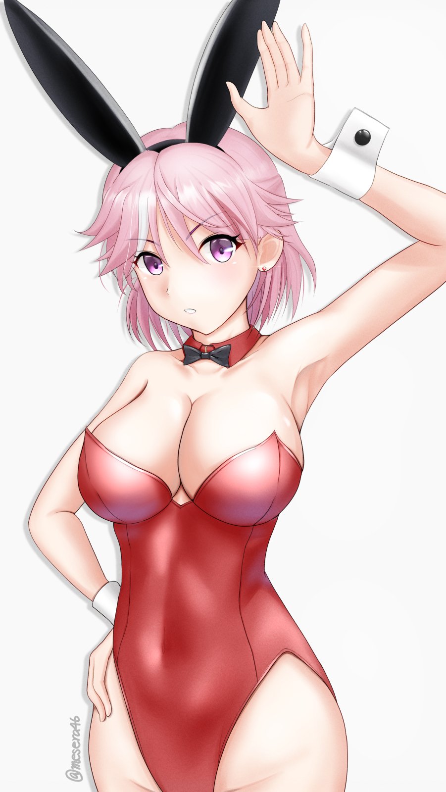 1girl, animal_ears, bow, bowtie, breasts, covered_navel, detached_collar, fake_animal_ears