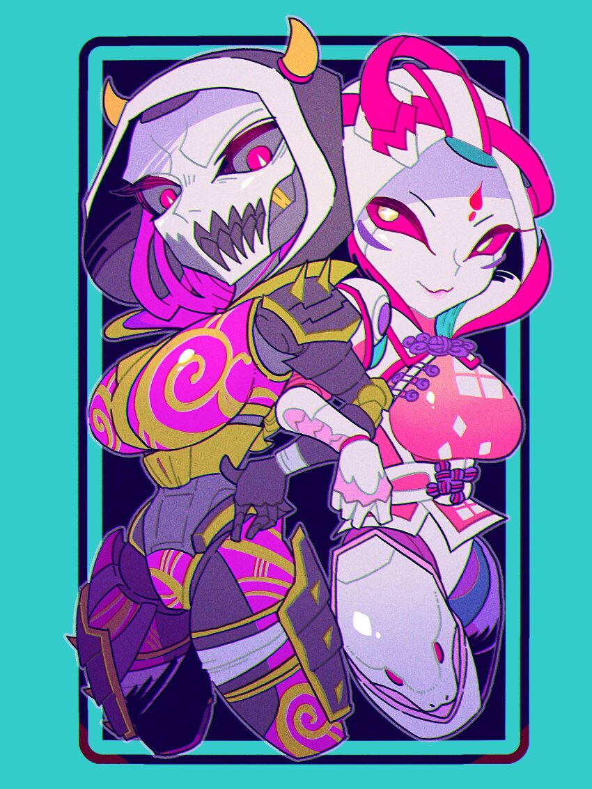 2girls, abyuramu_yukidaruma, android, animification, apex_legends, ash_(titanfall_2), breasts, colored_sclera, dual_persona, grey_sclera, highres, hood, hood_up, hooded_leotard, horns, inner_demon_ash, large_breasts, leotard, locked_arms, looking_at_viewer, medium_breasts, multiple_girls, official_alternate_costume, opalescent_serpent_ash, pink_eyes, pink_sclera, purple_leotard, simulacrum_(titanfall), smile, yellow_eyes