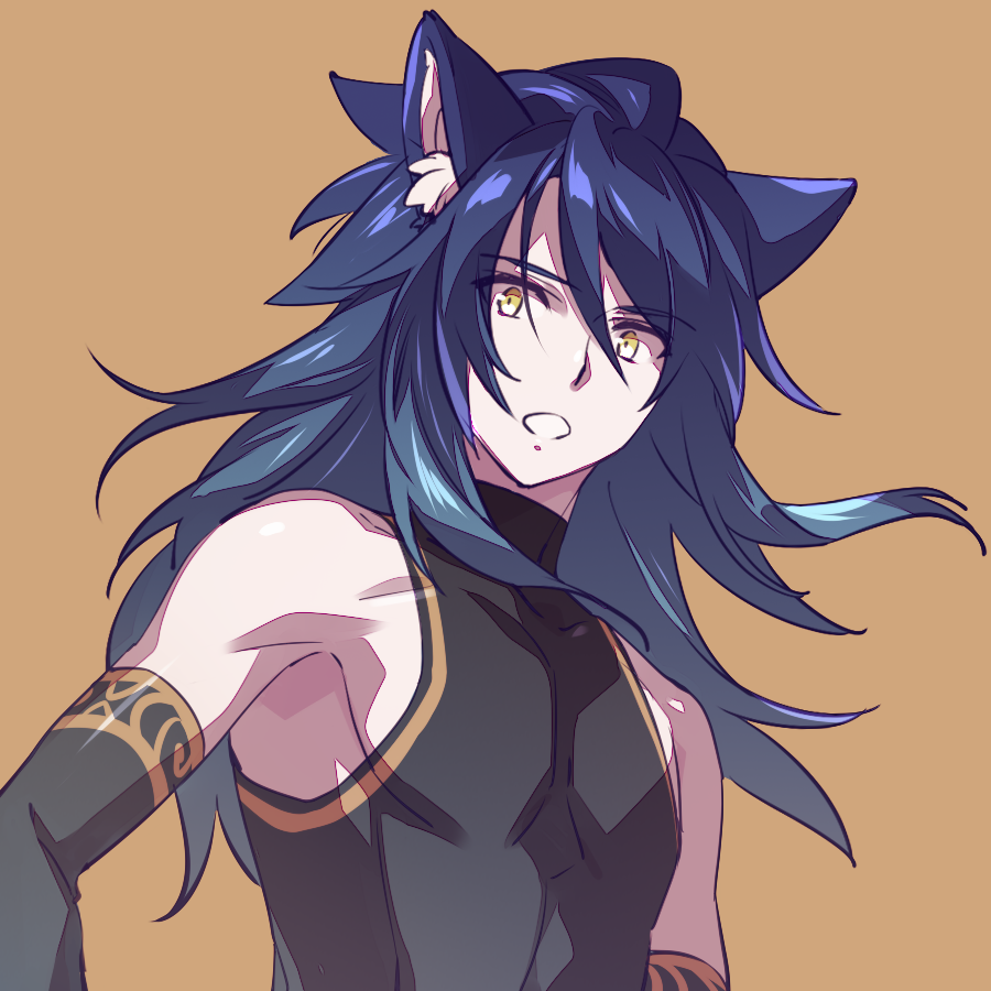 1boy, animal_ear_fluff, animal_ears, black_shirt, black_sleeves, blue_hair, brown_background, character_request