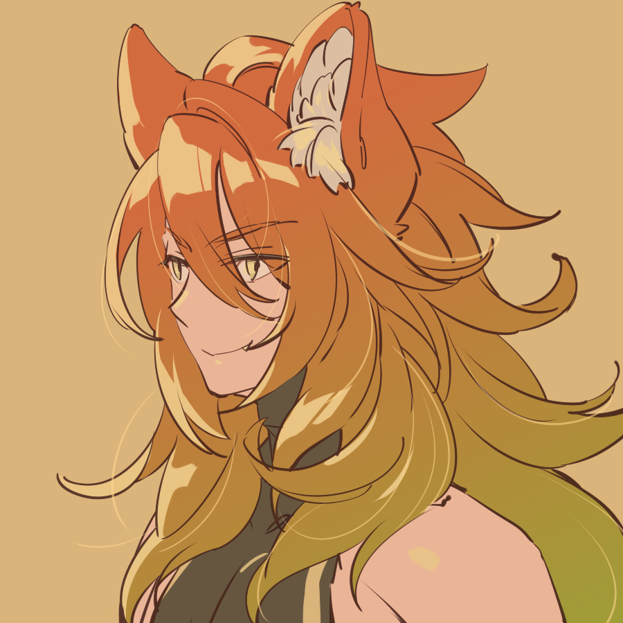 animal_ear_fluff, animal_ears, bare_shoulders, black_shirt, brown_background, brown_hair, closed_mouth, copyright_request