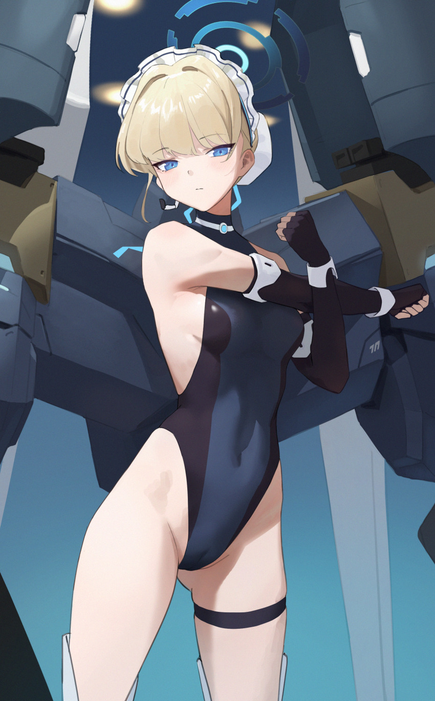 1girl, absurdres, bare_shoulders, black_gloves, black_leotard, blonde_hair, blue_archive, blue_eyes