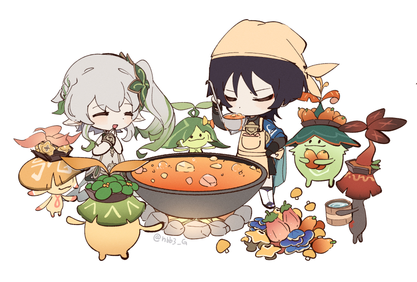 1boy, 1girl, :3, :d, ^_^, apron, arachatora_(genshin_impact), aranara_(genshin_impact), arapacati_(genshin_impact), arapas_(genshin_impact), araphala_(genhin_impact), arasaka_(genshin_impact), artist_name, asymmetrical_hair, black_hair, black_shorts, blue_cape, blunt_ends, blush, bow, braid, bucket, cape, chibi, closed_eyes, closed_mouth, commentary_request, cooking, cooking_pot, dress, eyeshadow, fire, food, fruit, full_body, genshin_impact, green_hair, grey_hair, hair_between_eyes, hair_ornament, hand_up, hands_up, happy, headscarf, highres, holding, holding_bucket, holding_ladle, ladle, leaf_hair_ornament, long_hair, makeup, multicolored_hair, mushroom, nahida_(genshin_impact), nbb3, open_mouth, orange_bow, parted_bangs, ponytail, red_eyeshadow, rock, scaramouche_(genshin_impact), short_hair, shorts, side_ponytail, sidelocks, simple_background, smile, standing, starshroom_(genshin_impact), streaked_hair, tasting, twitter_username, wanderer_(genshin_impact), water, white_background, white_dress, wooden_bucket, yellow_apron, yellow_headscarf, yellow_headwear