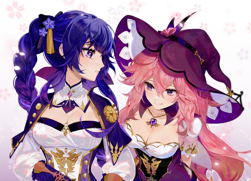 2girls, absurdres, ani_019, braid, breasts, capelet, cleavage, commentary, cosplay, detached_collar, english_commentary, genshin_impact, hair_between_eyes, hat, highres, jean_(genshin_impact), jean_(genshin_impact)_(cosplay), leaning_forward, lisa_(genshin_impact), lisa_(genshin_impact)_(cosplay), long_hair, looking_to_the_side, low-braided_long_hair, low-tied_long_hair, medium_breasts, mole, mole_under_eye, multiple_girls, parted_lips, pink_hair, purple_capelet, purple_eyes, purple_hair, purple_headwear, raiden_shogun, smile, very_long_hair, vision_(genshin_impact), witch_hat, yae_miko