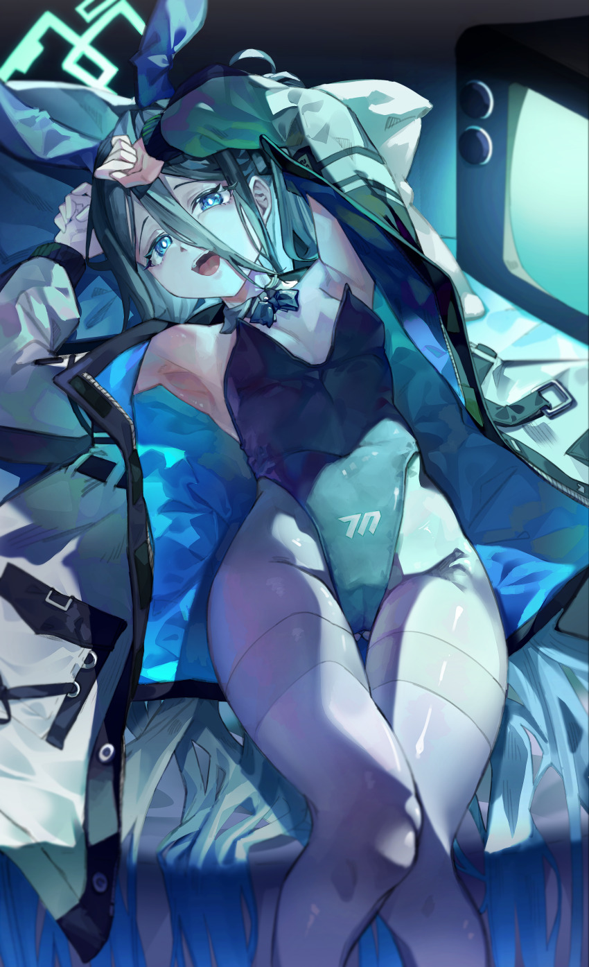1girl, absurdres, alternate_costume, animal_ears, aris_(blue_archive), armpits, arms_up, bare_shoulders, black_hair, black_leotard, blue_archive, blue_eyes, blush, bow, breasts, detached_collar, fake_animal_ears, hair_between_eyes, hairband, halo, highleg, highleg_leotard, highres, jacket, leotard, leotard_under_clothes, long_hair, long_hair_between_eyes, long_sleeves, looking_at_viewer, lying, medium_breasts, miwerjooggetser, on_back, open_mouth, pantyhose, playboy_bunny, rabbit_ears, small_breasts, smile, solo, very_long_hair
