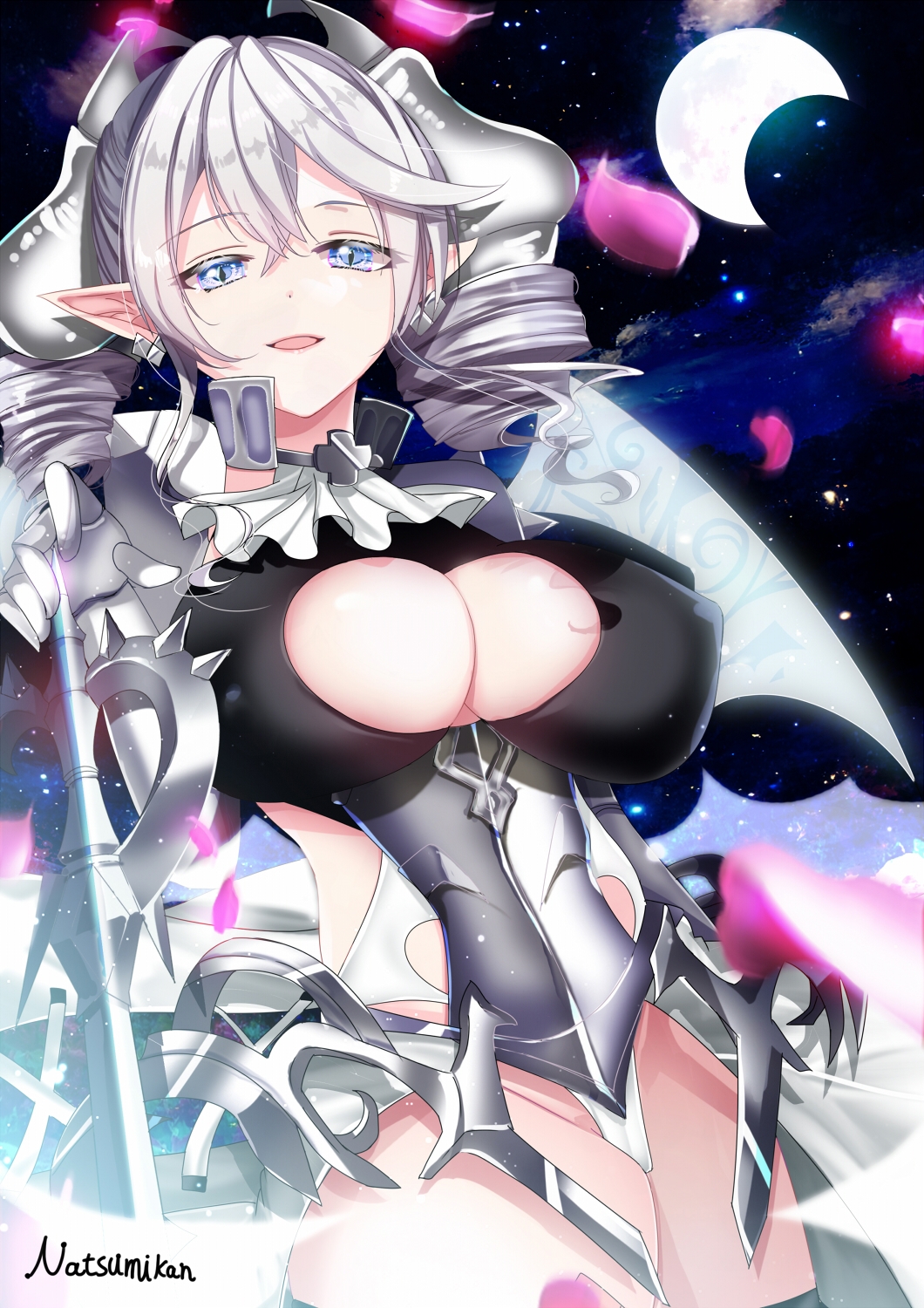 1girl, armor, blue_eyes, breasts, cleavage, cleavage_cutout, clothing_cutout, commission