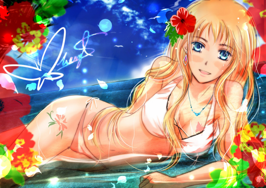 1girl, akebi_(kakuri), bad_id, bad_pixiv_id, bikini, blonde_hair, blue_eyes, breasts