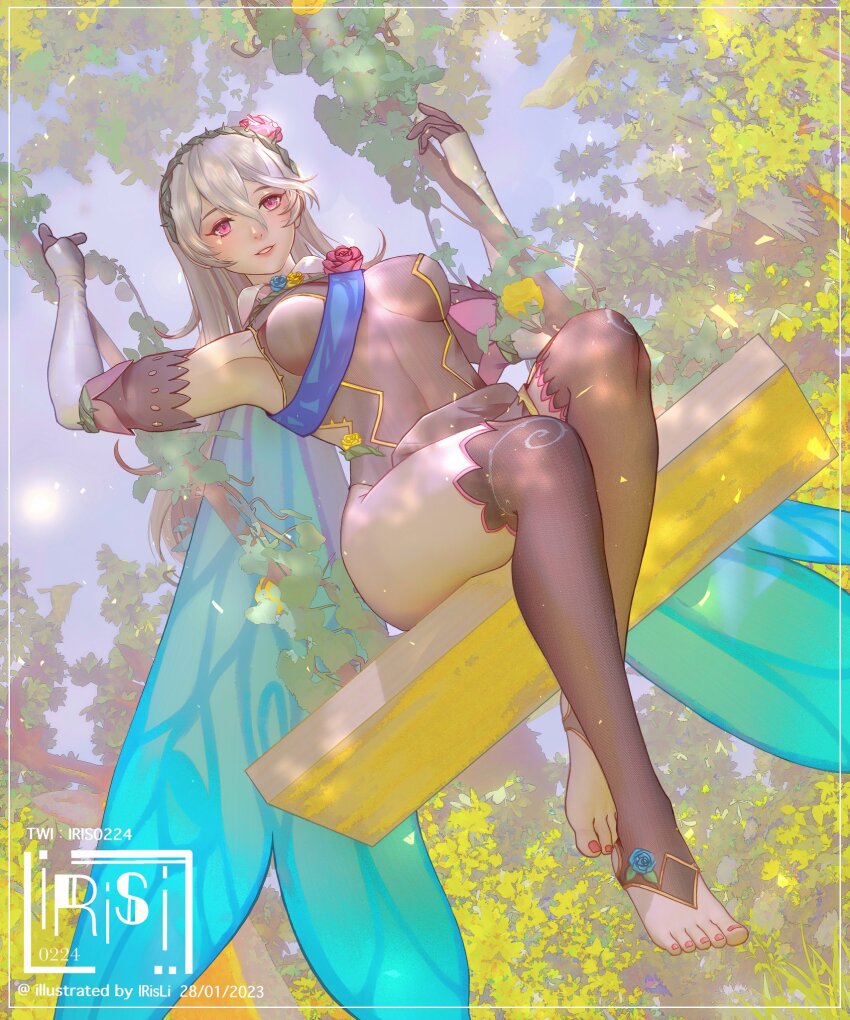 1girl, bare_shoulders, breasts, cape, closed_mouth, elbow_gloves, feet, female_corrin_(fire_emblem)