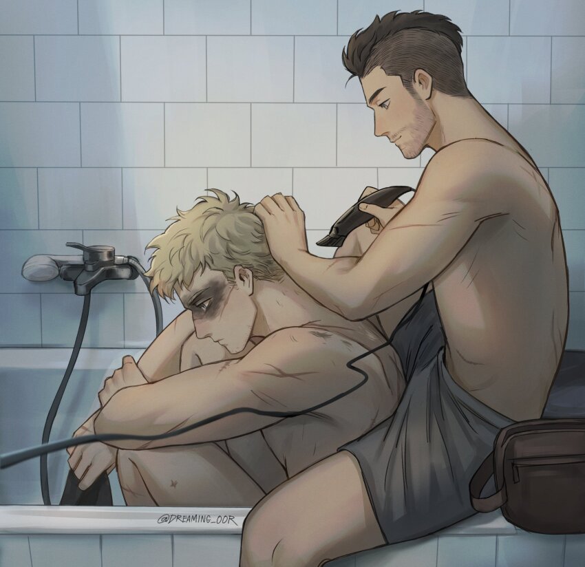 2boys, asymmetrical_hair, bath, black_hair, blonde_hair, call_of_duty, call_of_duty:_modern_warfare_2, closed_mouth