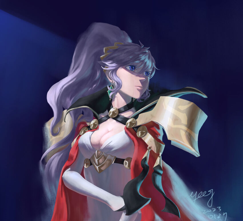 1girl, absurdres, armor, artist_name, blue_background, breasts, bridal_gauntlets, cape, choker, cleavage, criss-cross_halter, cross, cross_choker, dress, earrings, elbow_gloves, fire_emblem, fire_emblem:_genealogy_of_the_holy_war, fire_emblem_heroes, gloves, halterneck, high_ponytail, highres, ishtar_(fire_emblem), ishtar_(resplendent)_(fire_emblem), jewelry, large_breasts, light_purple_hair, long_hair, looking_away, looking_to_the_side, nintendo, official_alternate_costume, ponytail, purple_eyes, red_cape, shoulder_armor, signature, simple_background, solo, upper_body, white_dress, white_gloves, yeeej