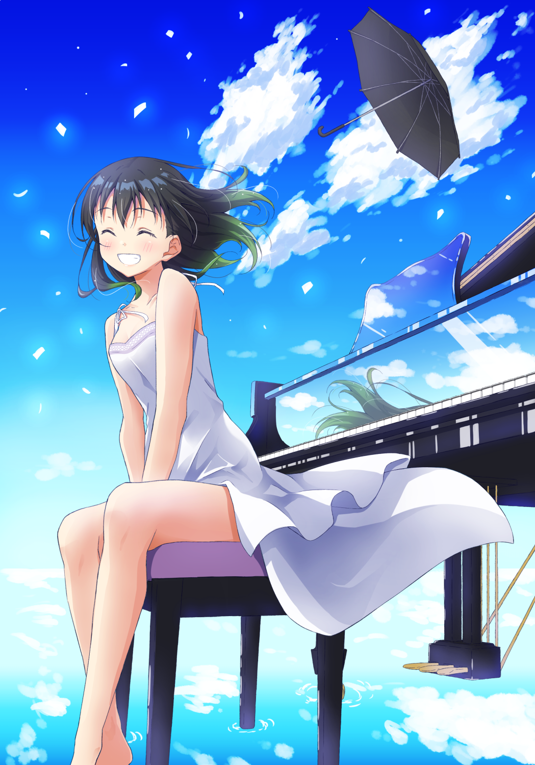 1girl, black_hair, black_umbrella, blue_sky, blush, breasts, chair, closed_eyes