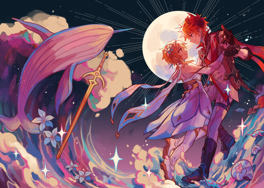 1boy, 1girl, ahoge, black_gloves, blonde_hair, blue_eyes, boots, cloud