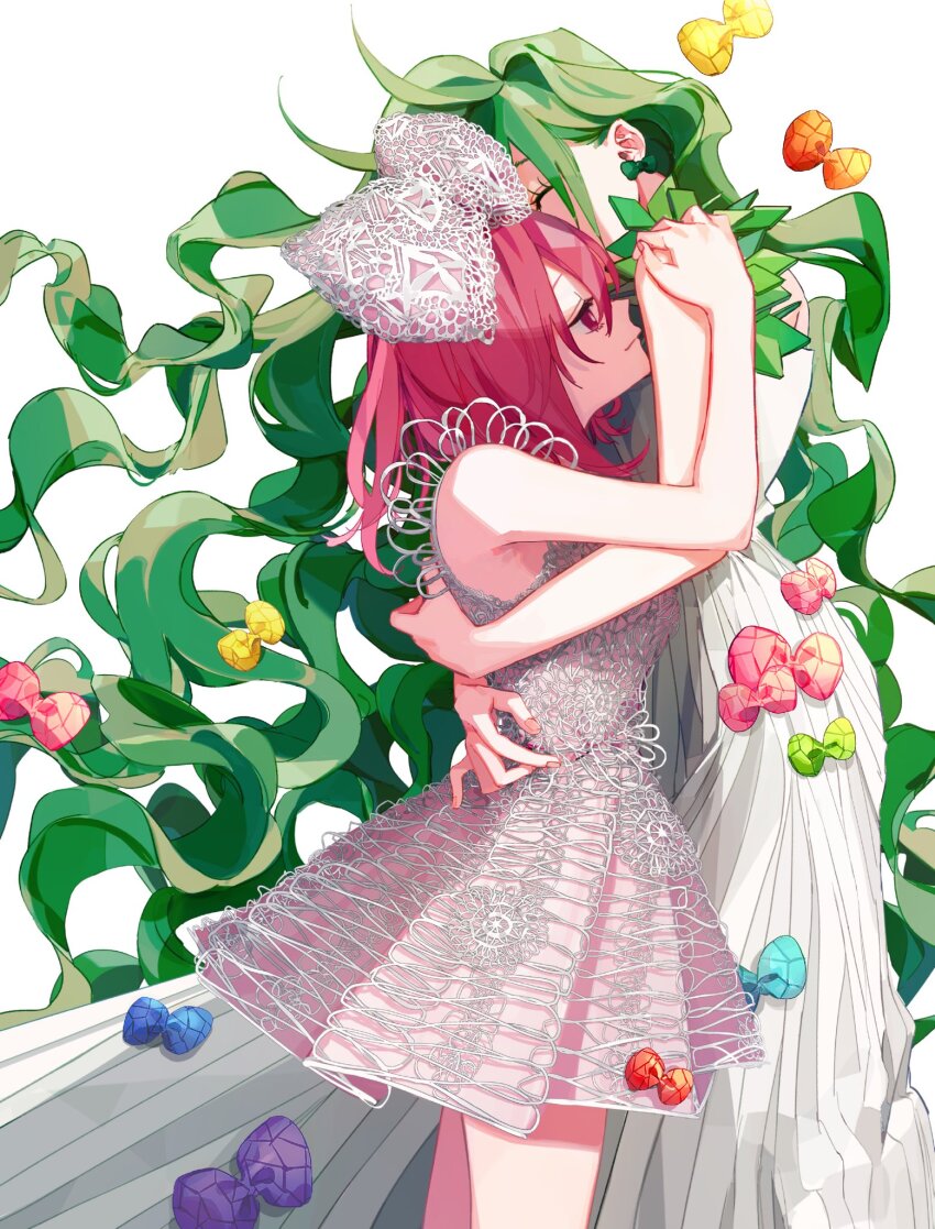 2girls, absurdly_long_hair, bow, bow_earrings, closed_eyes, closed_mouth, curly_hair, dress