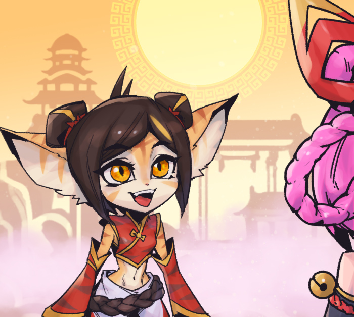 2girls, :d, animal_ears, bare_shoulders, belt, breasts, brown_belt, brown_hair, detached_sleeves, double_bun, fake_animal_ears, fangs, firecracker_tristana, hair_bun, league_of_legends, midriff, multicolored_background, multiple_girls, mythmaker_zoe, navel, open_mouth, orange_eyes, phantom_cross, pink_hair, pointy_ears, red_sleeves, small_breasts, smile, solo_focus, stomach, sun, teeth, tristana, tristana_(league_of_legends), upper_teeth_only, yordle, zoe_(league_of_legends)