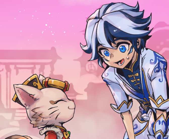 2boys, :d, black_hair, black_headwear, blue_eyes, closed_eyes, closed_mouth, ezreal