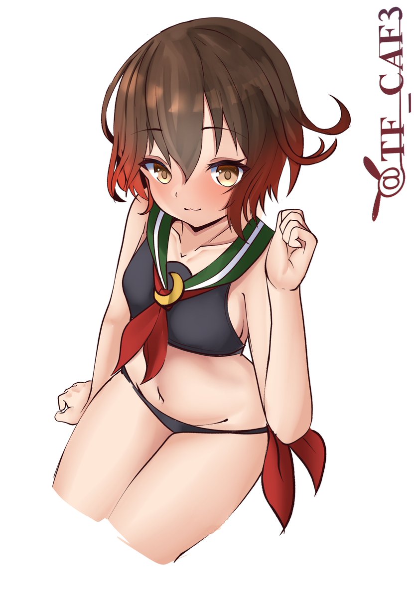 1girl, adapted_costume, bikini, black_bikini, brown_hair, cropped_legs, gradient_hair, green_sailor_collar