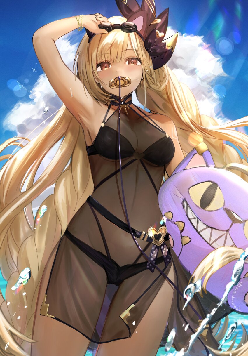 1girl, absurdres, arm_up, bare_shoulders, bikini, black_bikini, blonde_hair, blush