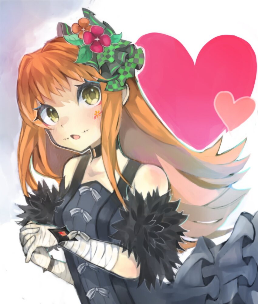 1girl, :o, bandaged_arm, bandaged_hand, bandages, bare_shoulders, black_choker, blue_eyeshadow