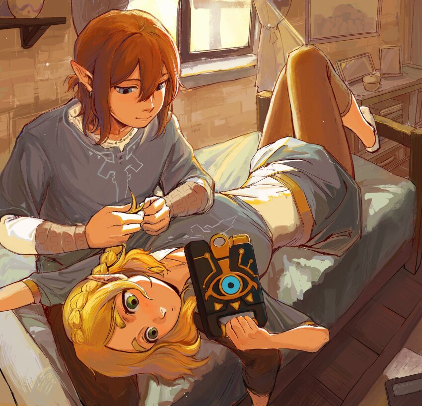 1boy, 1girl, blonde_hair, blue_eyes, braid, braiding_hair, brown_hair, brown_pants