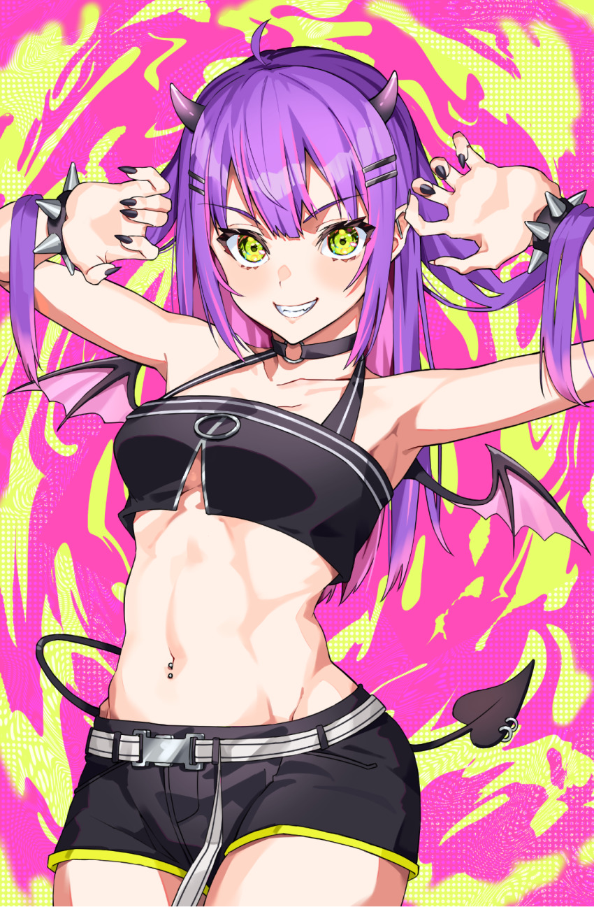 1girl, ahoge, alternate_hairstyle, armpits, barbell_piercing, belt, black_choker, black_shorts