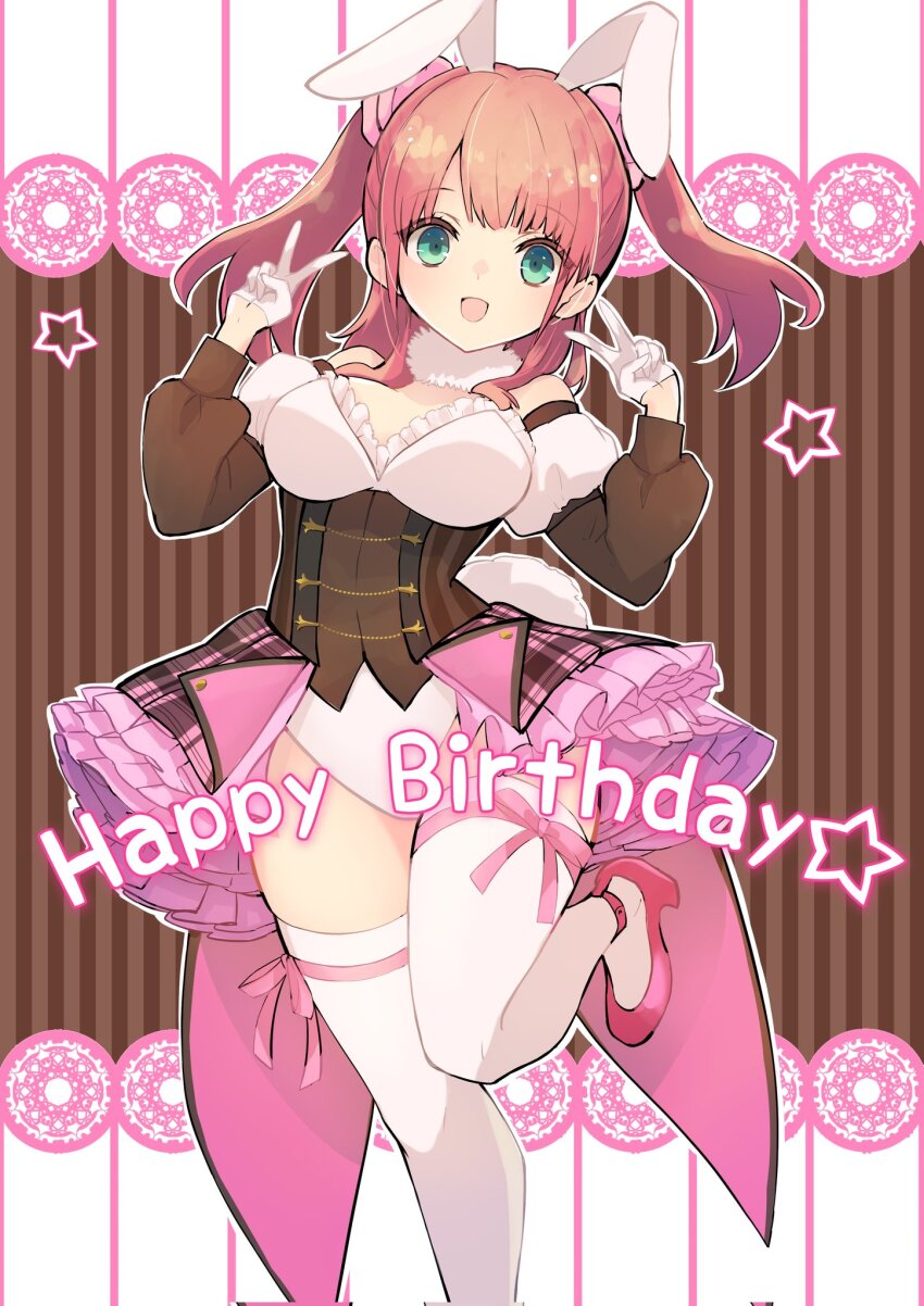 1girl, :d, adapted_costume, animal_ears, ankle_strap, aqua_eyes, assault_lily, bare_shoulders, breasts, brown_background, coattails, collar, commentary, corset, detached_sleeves, double_v, fake_animal_ears, foot_out_of_frame, frilled_leotard, frilled_skirt, frills, fur-trimmed_collar, fur_trim, gloves, hair_ornament, hair_scrunchie, half_gloves, hanaoka_angela_moe, hands_up, happy_birthday, heart, high_heels, highres, hotaru_(ultraroly_poly), juliet_sleeves, layered_skirt, leg_ribbon, leg_up, leotard, long_hair, long_sleeves, looking_at_viewer, ludvico_private_girls'_academy_school_uniform, medium_breasts, nontraditional_playboy_bunny, open_mouth, pink_hair, pink_ribbon, pink_scrunchie, pink_shoes, pink_skirt, plaid_clothes, plaid_skirt, puffy_sleeves, pumps, rabbit_ears, ribbon, school_uniform, scrunchie, shoes, showgirl_skirt, sidelocks, skirt, smile, solo, standing, standing_on_one_leg, strapless, strapless_leotard, strappy_heels, striped_background, tailcoat, thigh_ribbon, thighhighs, two_side_up, underbust, v, white_background, white_collar, white_gloves, white_leotard, white_thighhighs
