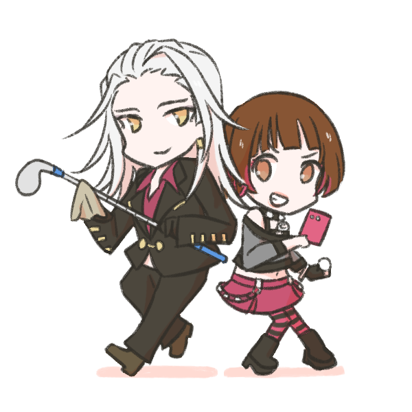 2girls, anri_(birdie_wing:_golf_girls'_story), birdie_wing:_golf_girls'_story, brown_hair, cellphone, chibi, earrings, golf_club