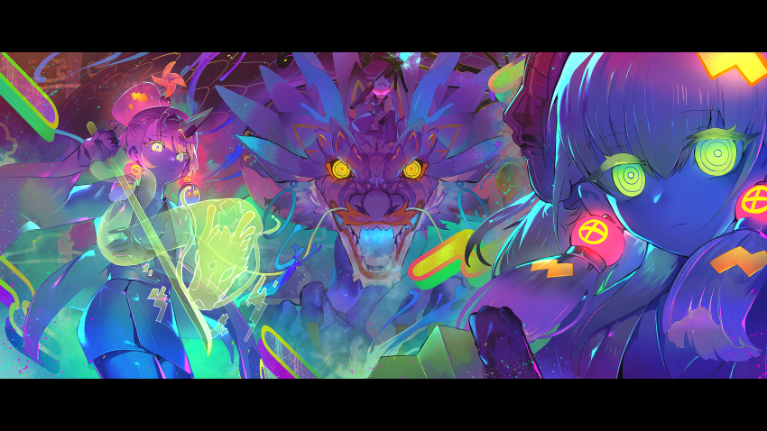 1boy, 2girls, dragon, duel_monster, eastern_dragon, green_eyes, highres, horns